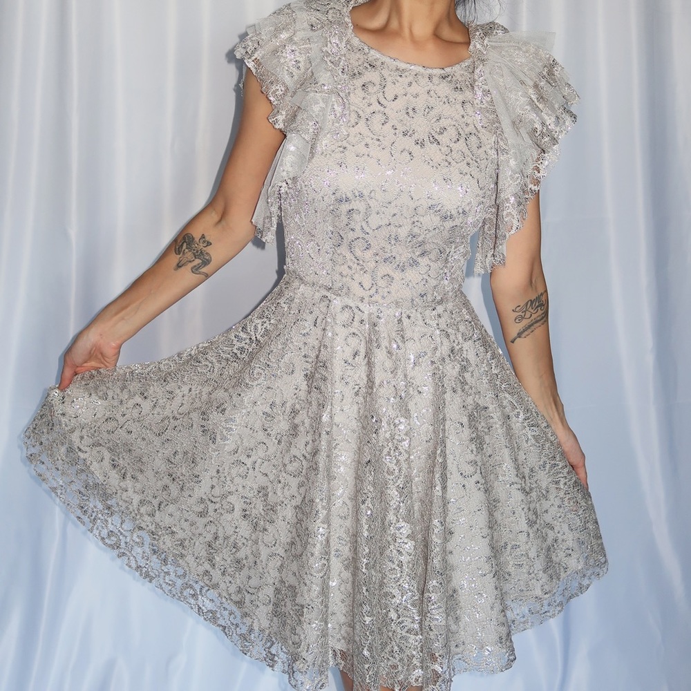 BCBG MaxAzria Silver Metallic and Lace Dress